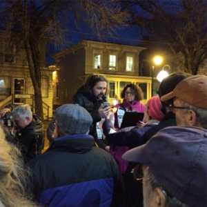 Artistic Director Samuel Buggeln reads The Cherry's statement to the crowd outside the Kitchen Theatre